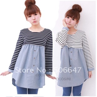 2012 free shipping  soft stripe patchwork fashion maternity top maternity dress maternity clothing  clothes  pregnant women