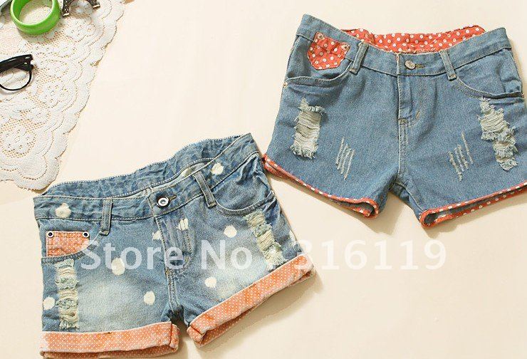 2012 FREE SHIPPING The beautiful wave point color hole flanging hot pants bull-puncher knickers is