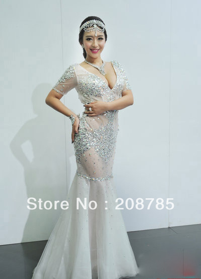 2012  Free shipping V Neck Mermaid Celebrity Dresses Rhinestone Swarovski crystals Chiffon Anke length