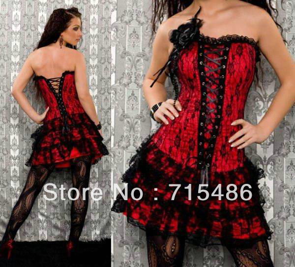 2012 Free Shipping  Waist Training Corset Sexy Black with Red Lace Trimmed Emperial Lace Prints Bustier Sexy Corset with Skirt