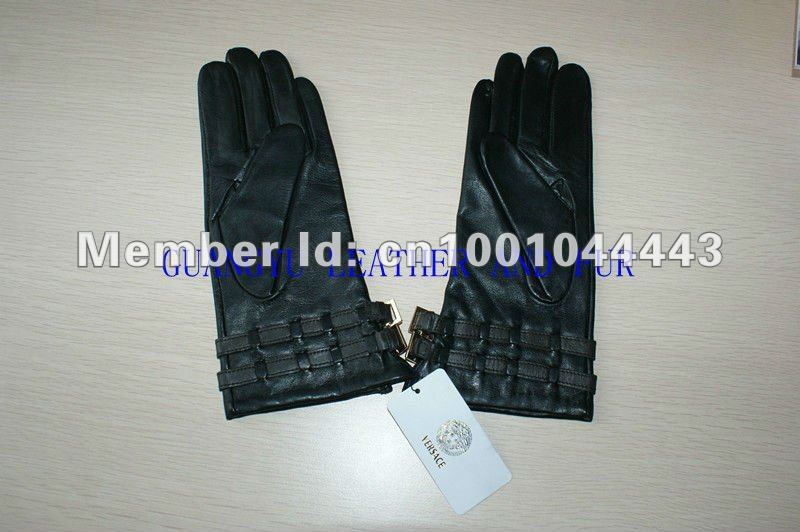 2012 Free shipping Wholesale ladies/women fashion genuine black leather gloves with buckle 008-1