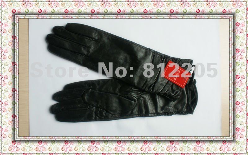 2012 Free shipping Wholesale ladies/women fashion genuine black leather gloves with  rouched cuff  017-1