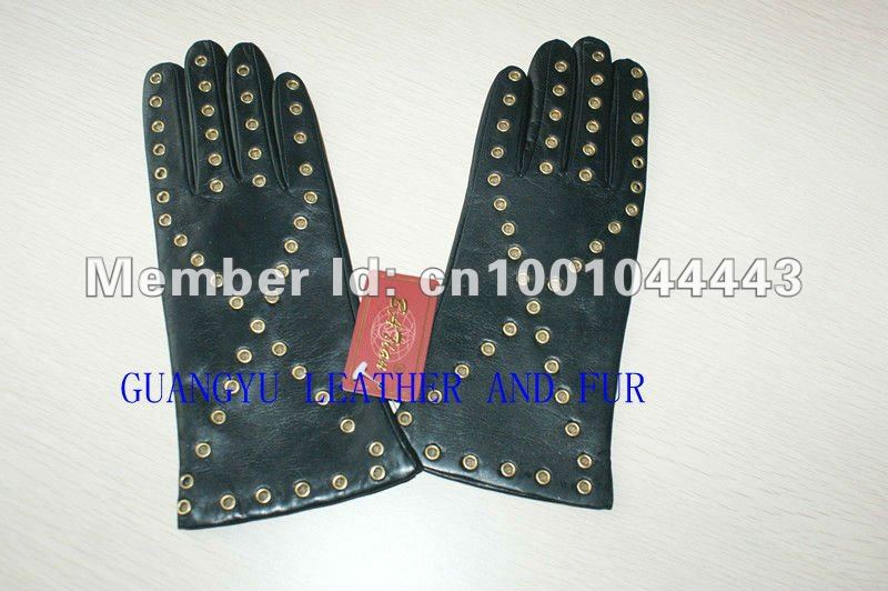 2012 Free shipping Wholesale ladies/women fashion genuine black leather gloveswith nail 009-1