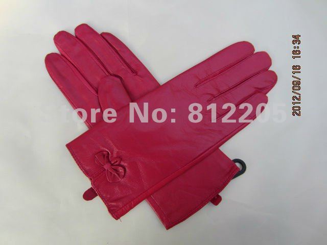 2012 Free shipping Wholesale ladies/women fashion genuine dark pink leather gloves with butterfly bow 051-1