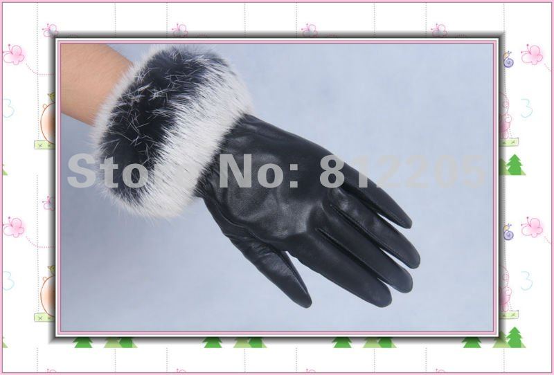 2012 Free shipping Wholesale ladies/women fashion genuine goat  leather gloves with  rabbit fur 021-1