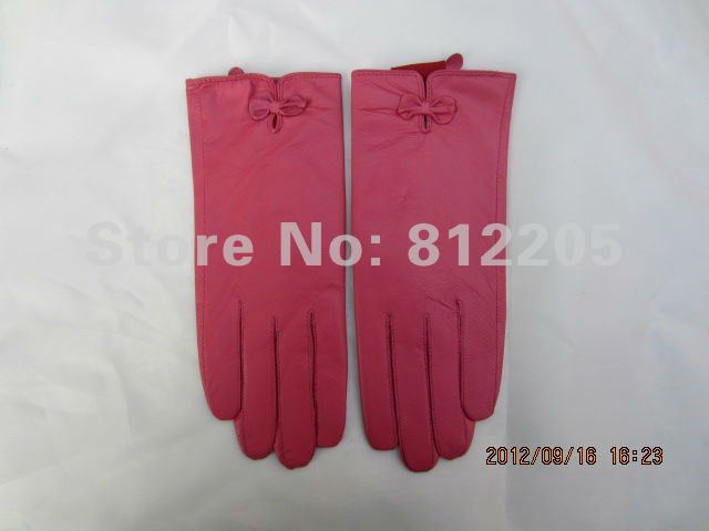 2012 Free shipping Wholesale ladies/women fashion genuine pink leather gloves with butterfly bow 045-1