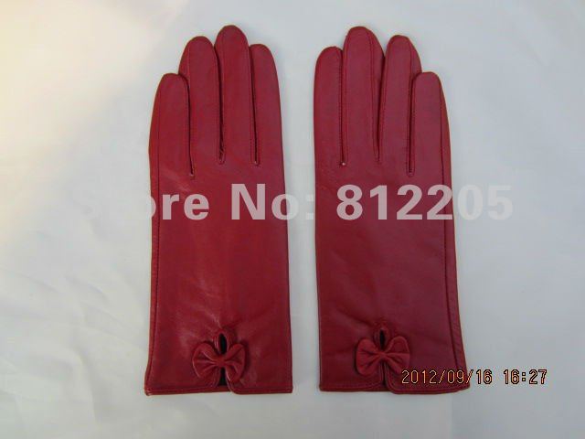2012 Free shipping Wholesale ladies/women fashion genuine red leather gloves with butterfly bow 046-1