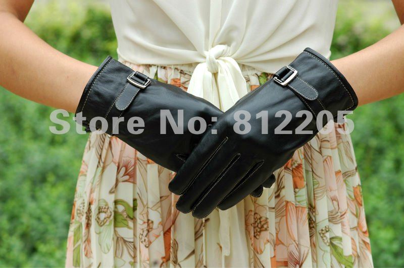 2012 Free shipping Wholesale women/ladies  winter fashion genuine black goat leather  gloves with buckle strap fastoner 037-1