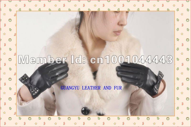 2012 Free shipping wholesale women new fashion winter genuine black leather gloves  with bow  and studs002-1