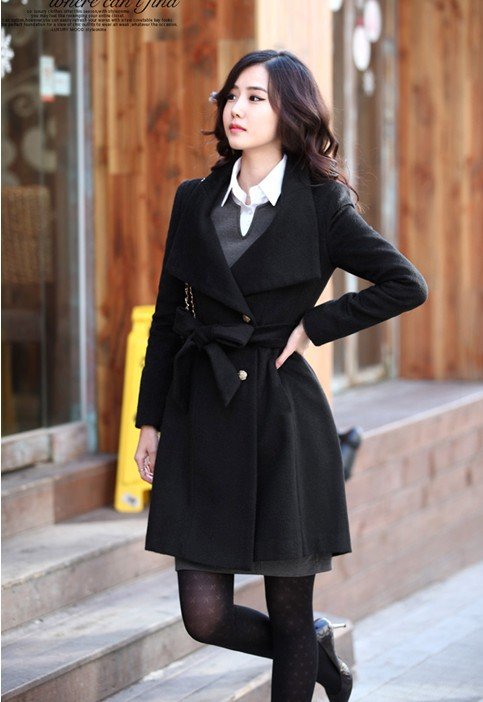 2012 free shipping Winter New Women's OL Trench Coat woolen warm thickening Classic lady long overcoat turn-down collar