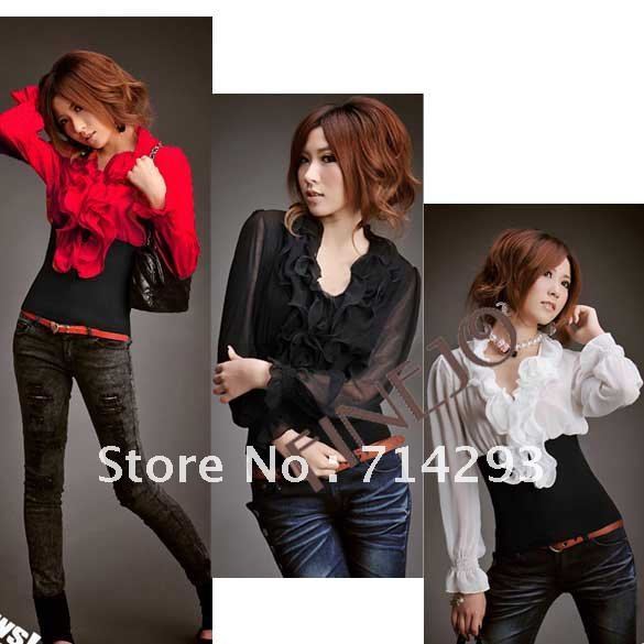 2012 FREE SHIPPING Women's Fashion Long Sleeve Top Chiffon Shirt Blouse Tops 3 Colors 5265