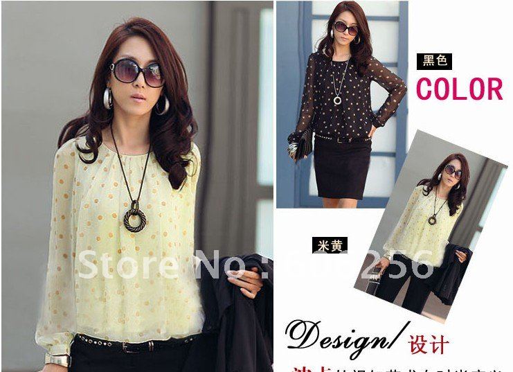 2012 Free Shipping women's shirt ,lady long sleeve chiffon shirt ,women summer o-neck dot 2 colors shirts