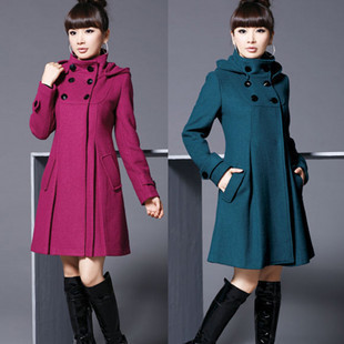 2012 Free Shipping Women Slim Hooded Double Breasted Wool Coat Thick Thermal Outerwear