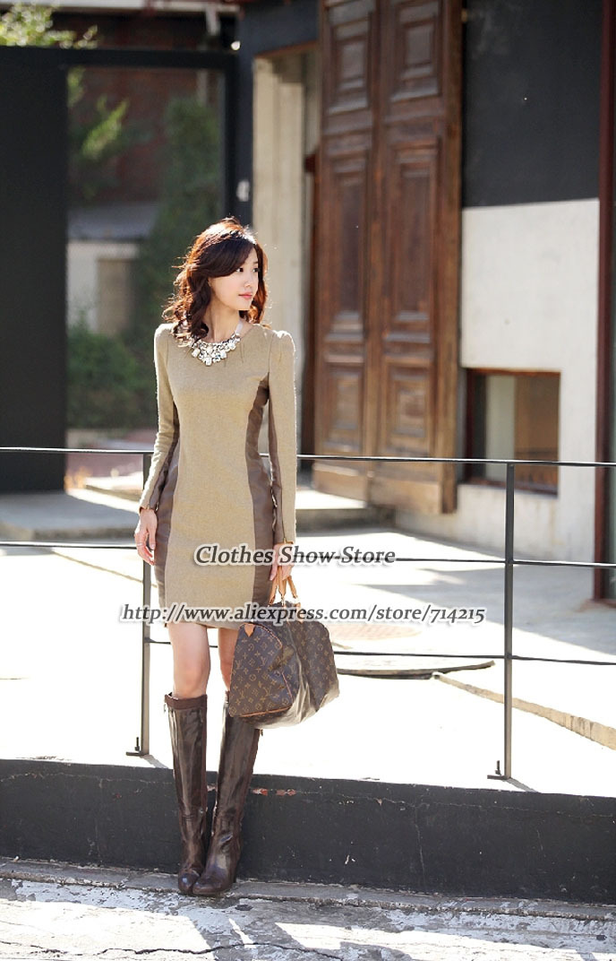 2012 Free shipping Women Winter Sexy dress wool blends PU Leather slim dress long-sleeve patchwork Dress S M L XL XXL XXXL