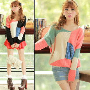 2012 Free Shipping Womens' Preppy Style Small Check Fresh Loose Pullover O-neck Sweater