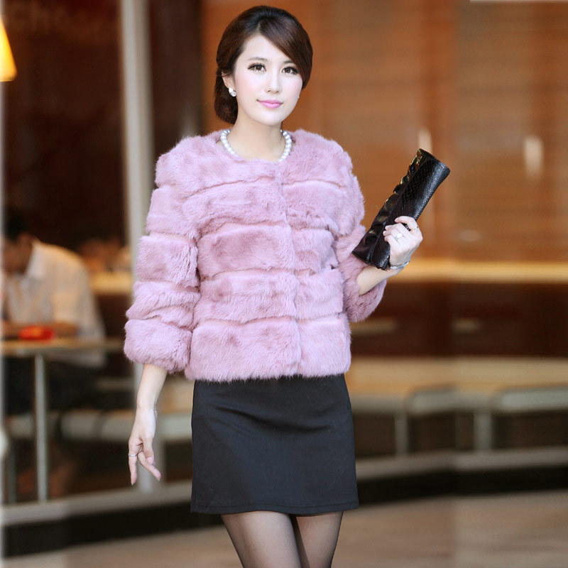 2012 full leather rabbit fur o-neck horizontal stripe fur coat fur short design outerwear