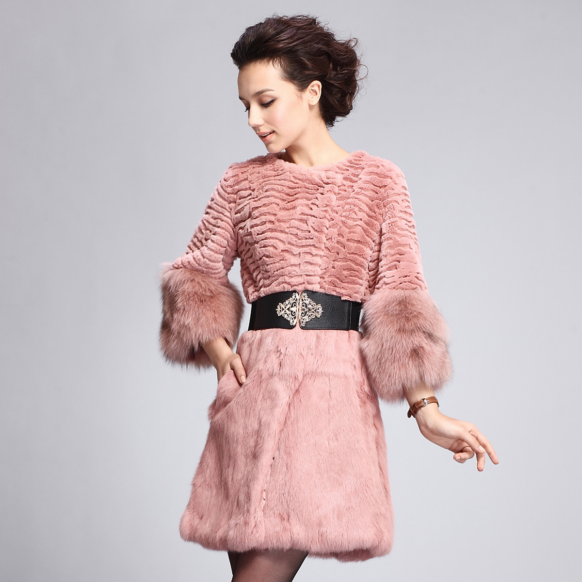 2012 fur coat female long design rabbit fur outerwear fox fur lj6801