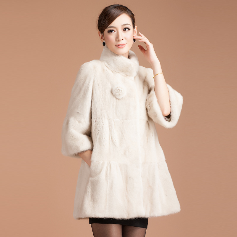2012 fur coat marten overcoat mink fur medium-long white
