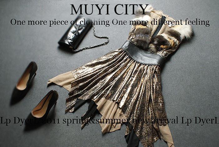 2012 fur collar leopard print leather one-piece dress formal dress sexy button belt one-piece dress dpb063
