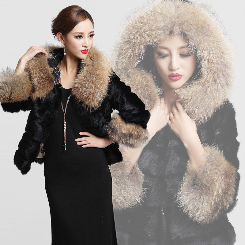 2012 fur raccoon fur hooded medium-long rabbit fur coat