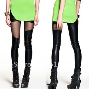 2012 gauze faux leather patchwork legging female personality tight ankle length trousers summer women's