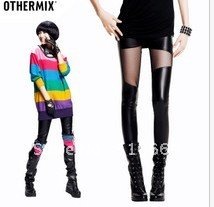 2012 gauze patchwork faux leather legging female thin fashion black long trousers