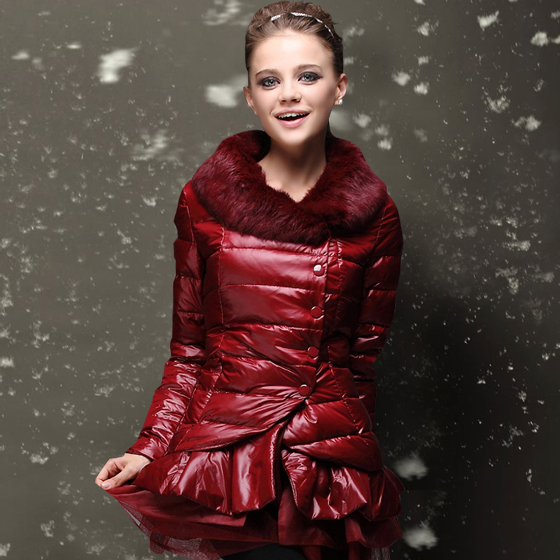 2012 gauze rabbit fur down coat medium-long thickening women's slim FREE SHIPPING OUTERWEAR