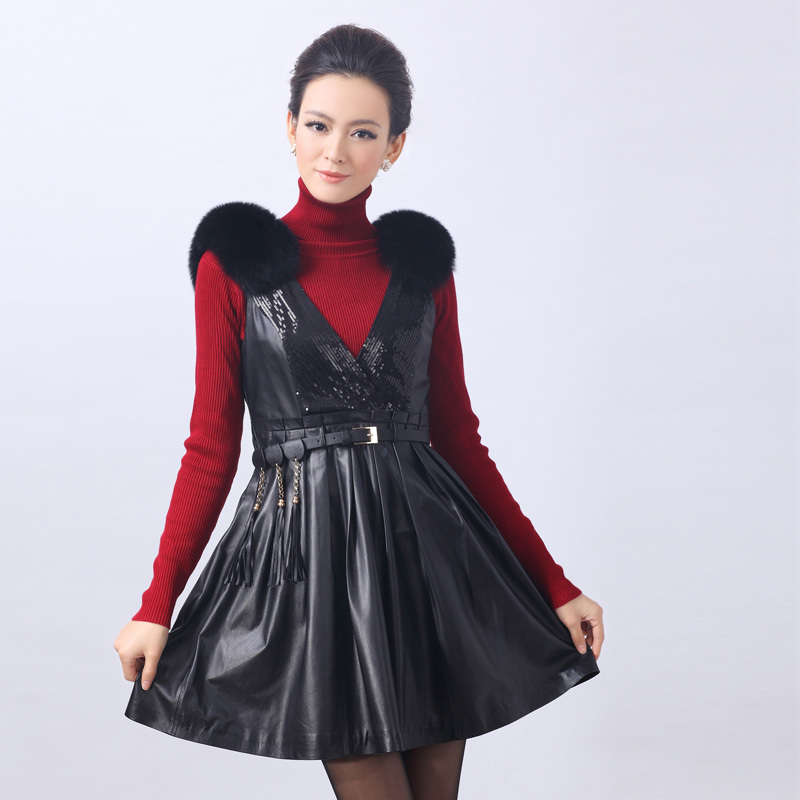 2012 genuine leather one-piece dress removable fox fur epaulette lace paillette sheepskin tank dress leather skirt