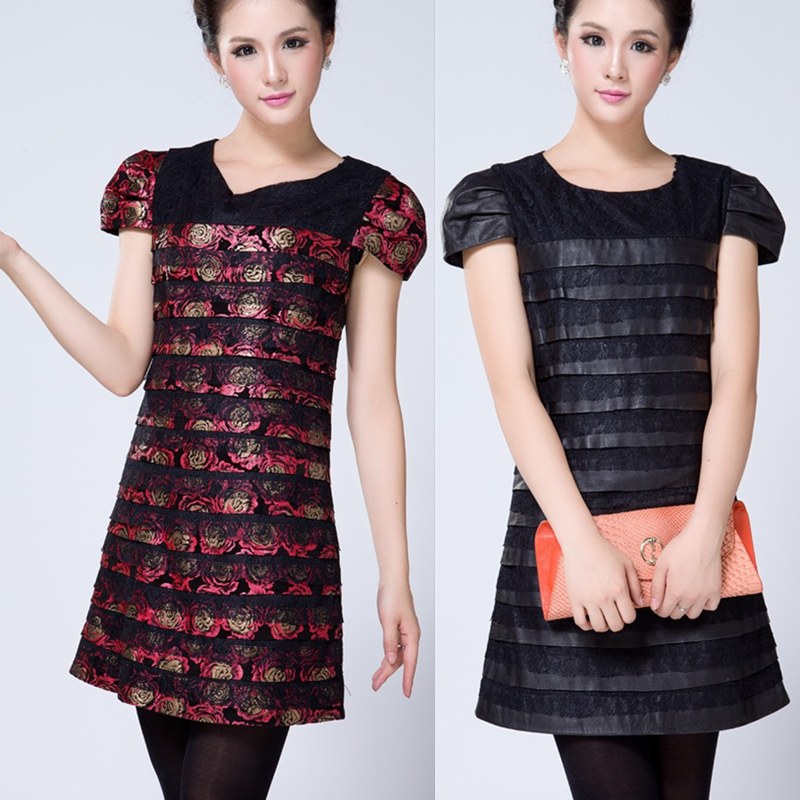 2012 genuine leather one-piece dress tank dress print lace leather skirt one-piece dress