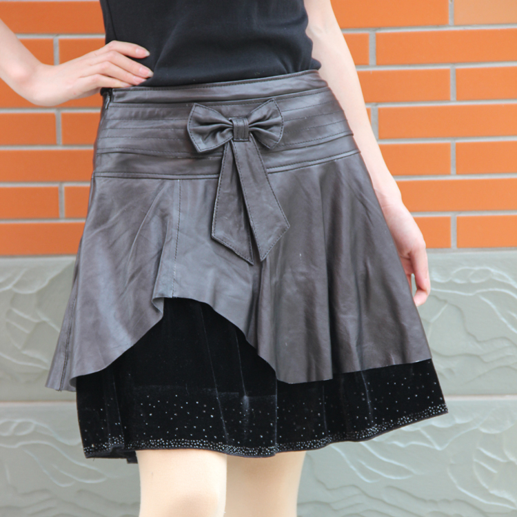 2012 genuine leather skirt female medium skirt sheepskin genuine leather short skirt bow bust skirt