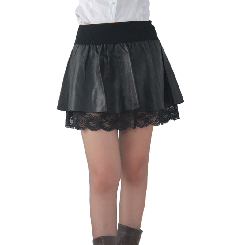2012 genuine leather skirt lace sweep mid waist leather short skirt f3340