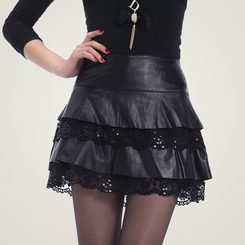 2012 genuine leather skirt sheepskin dress bust skirt layered dress lace decoration women's