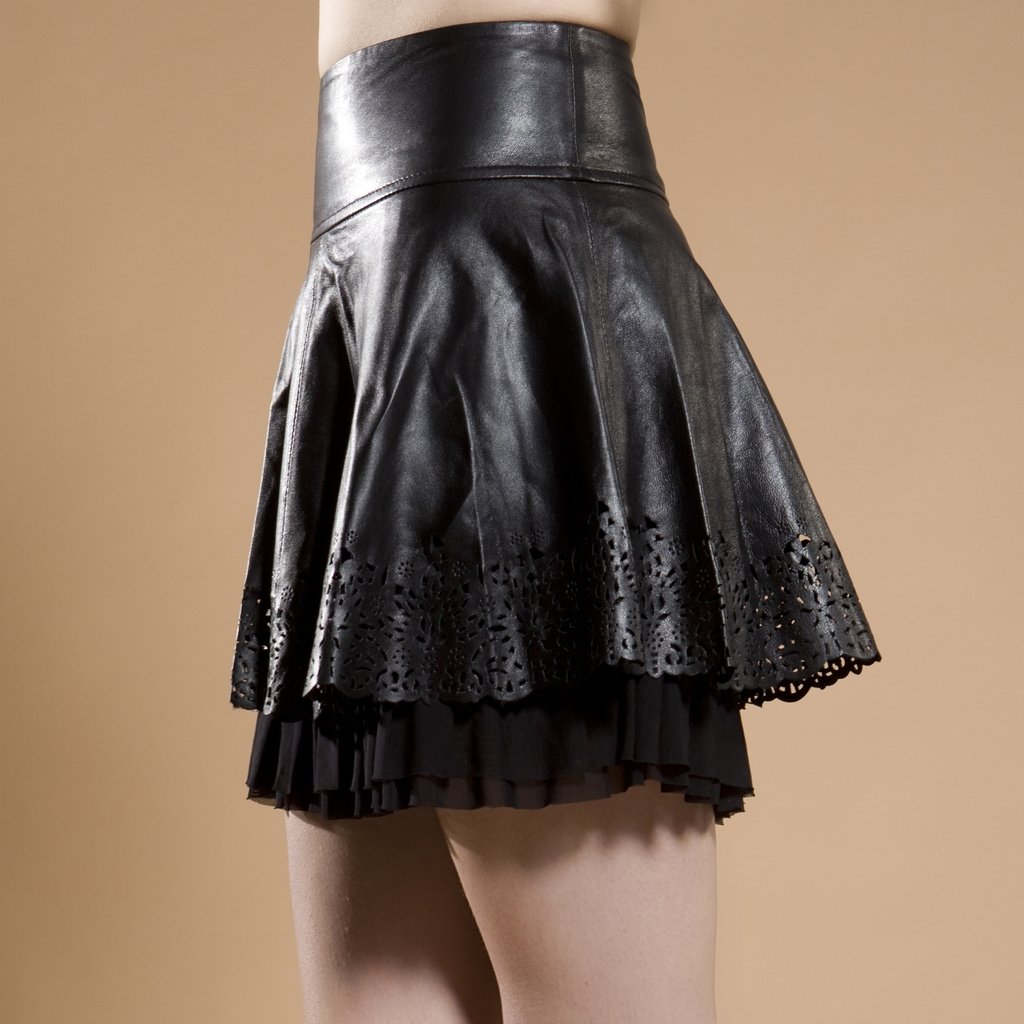2012 genuine leather skirt sheepskin lace cutout short skirt bust skirt a-line skirt