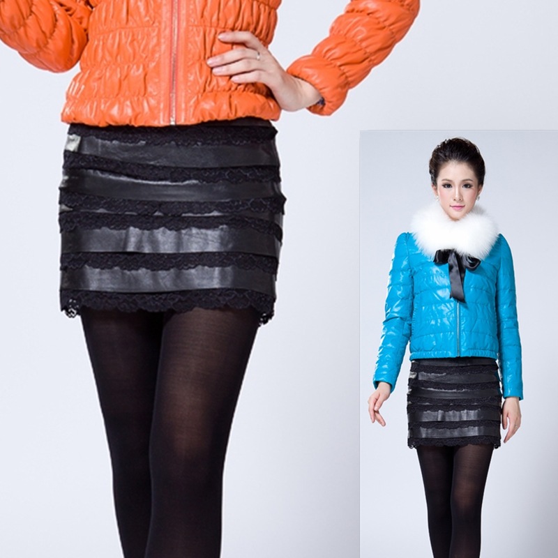 2012 genuine leather skirt slim hip short skirt sheepskin step skirt butt-lifting lace decoration