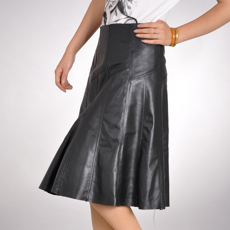 2012 genuine leather skirt women's high waist medium skirt sheepskin bust skirt