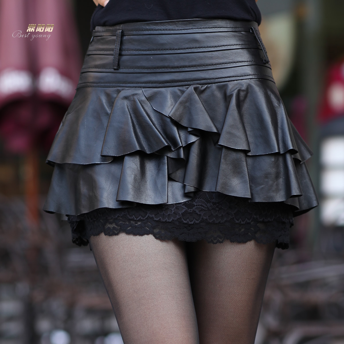 2012 Genuine Leather Sweet Ultra-short Miniskirt Sweep Lace Leather Skirt