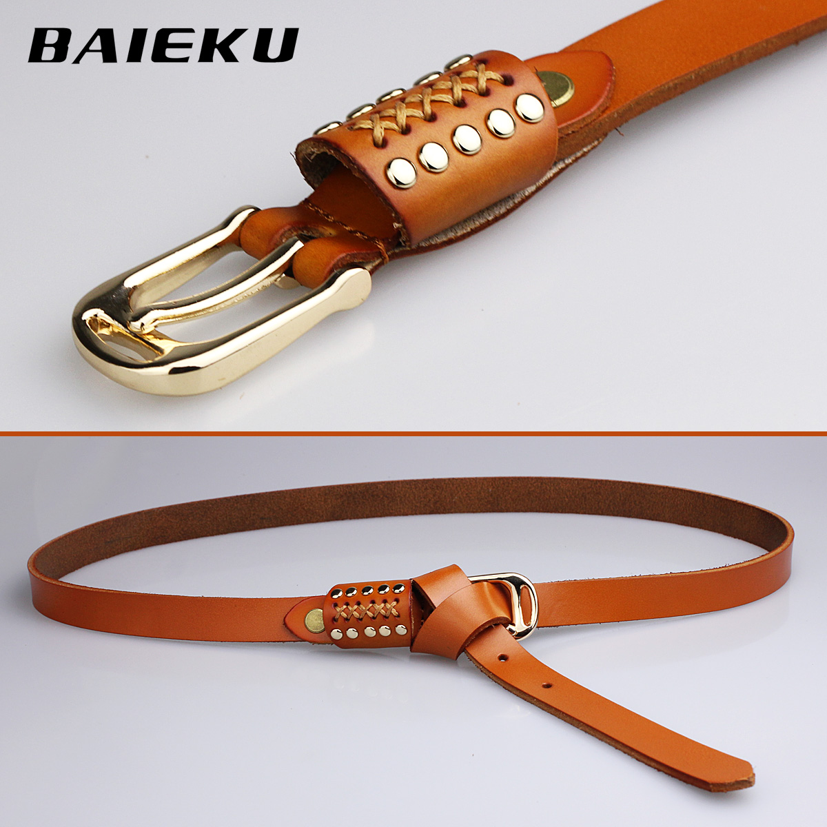 2012 genuine leather women's strap personality rivet cowhide pin buckle thin belt female
