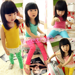 2012 girls clothing child baby candy color 100% cotton thread lace sleeveless vest spaghetti strap top