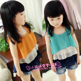2012 girls clothing color block chiffon sleeveless vest spaghetti strap top child baby fashion all-match t-shirt