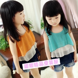 2012 girls clothing color block shirt chiffon cake sleeveless vest faux two piece spaghetti strap top