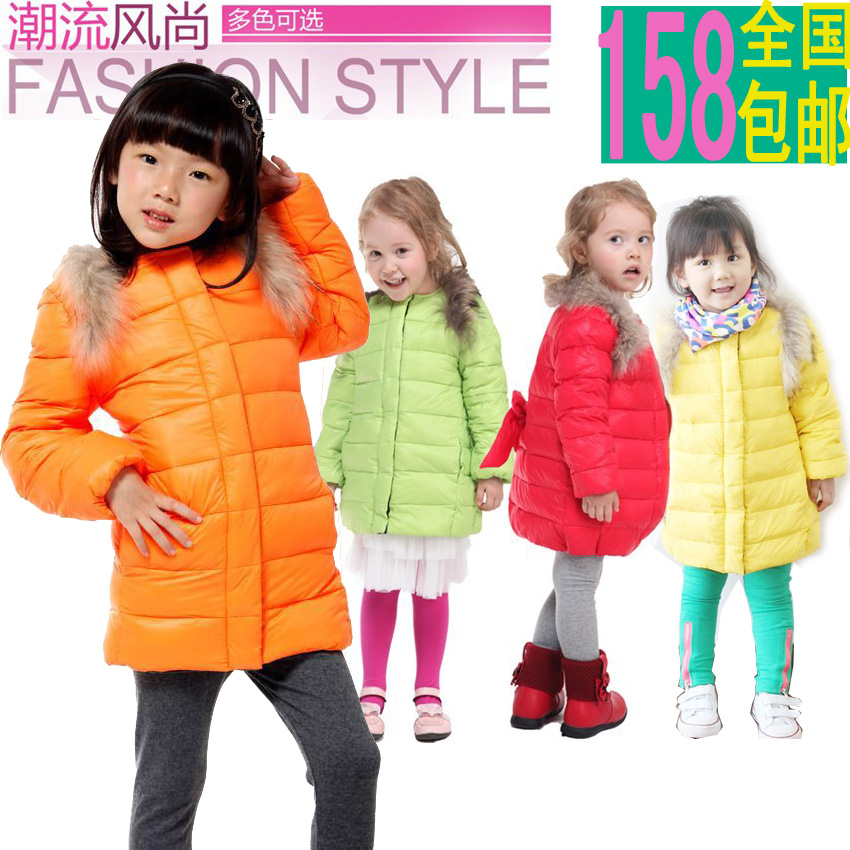 2012 girls clothing winter fur collar candy color fashion long down coat outerwear