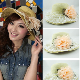 2012 gold line lace flower fashion flat-brimmed hat strawhat