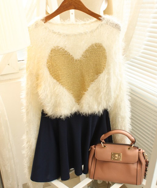 2012 gold paillette peach heart velvet fleece long-sleeve o-neck pullover sweater free shipping