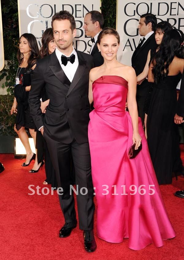 2012 Golden Globe Awards Natalie Portman Sexy Satin Strapless Pleated Red Evening Celebrity Dresses Party Dresses Formal Gown