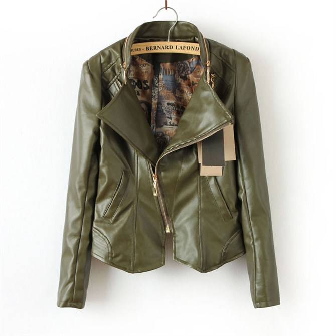 2012 green leather clothing slim zipper vintage women's short design motorcycle water wash PU leather coat