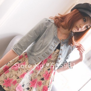2012 half sleeve denim short jacket cardigan, fashion coat, jeans jacket, wholesale, free shipping, 1 pc 1 lot