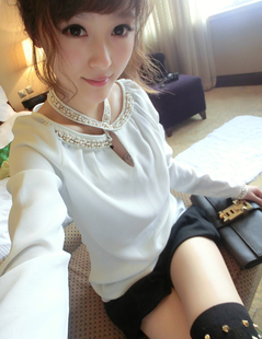 2012 halter-neck chiffon top beads cutout long-sleeve shirt female d30