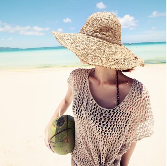 2012 handmade large brim strawhat beach cap big along the cap sunbonnet folding sun hat