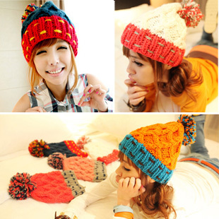 2012 hat female autumn and winter fashion color block ball knitted hat knitted hat ear cap