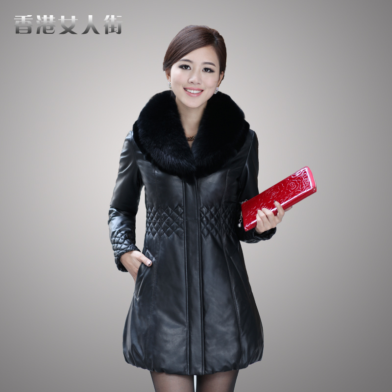 2012 high quality genuine leather clothing fur collar sheepskin medium-long genuine leather down coat female